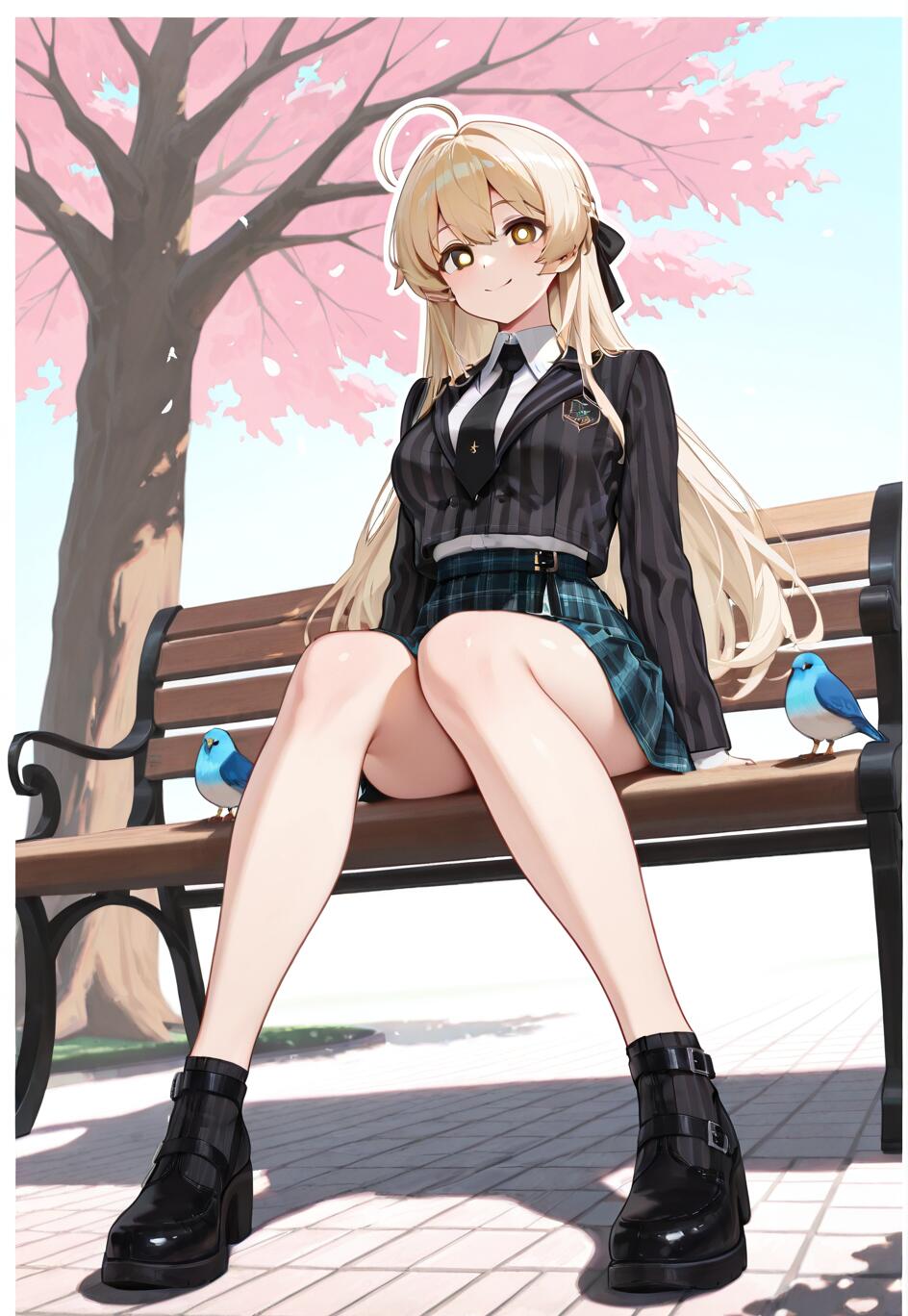 Full-body illustration of Tendou Arisu from Blue Archive sitting on a brown park bench. She has long blonde hair, a halo, and wears a black striped jacket with a green plaid skirt and black boots. A large cherry blossom tree is behind her, and two small blue birds sit on the bench.