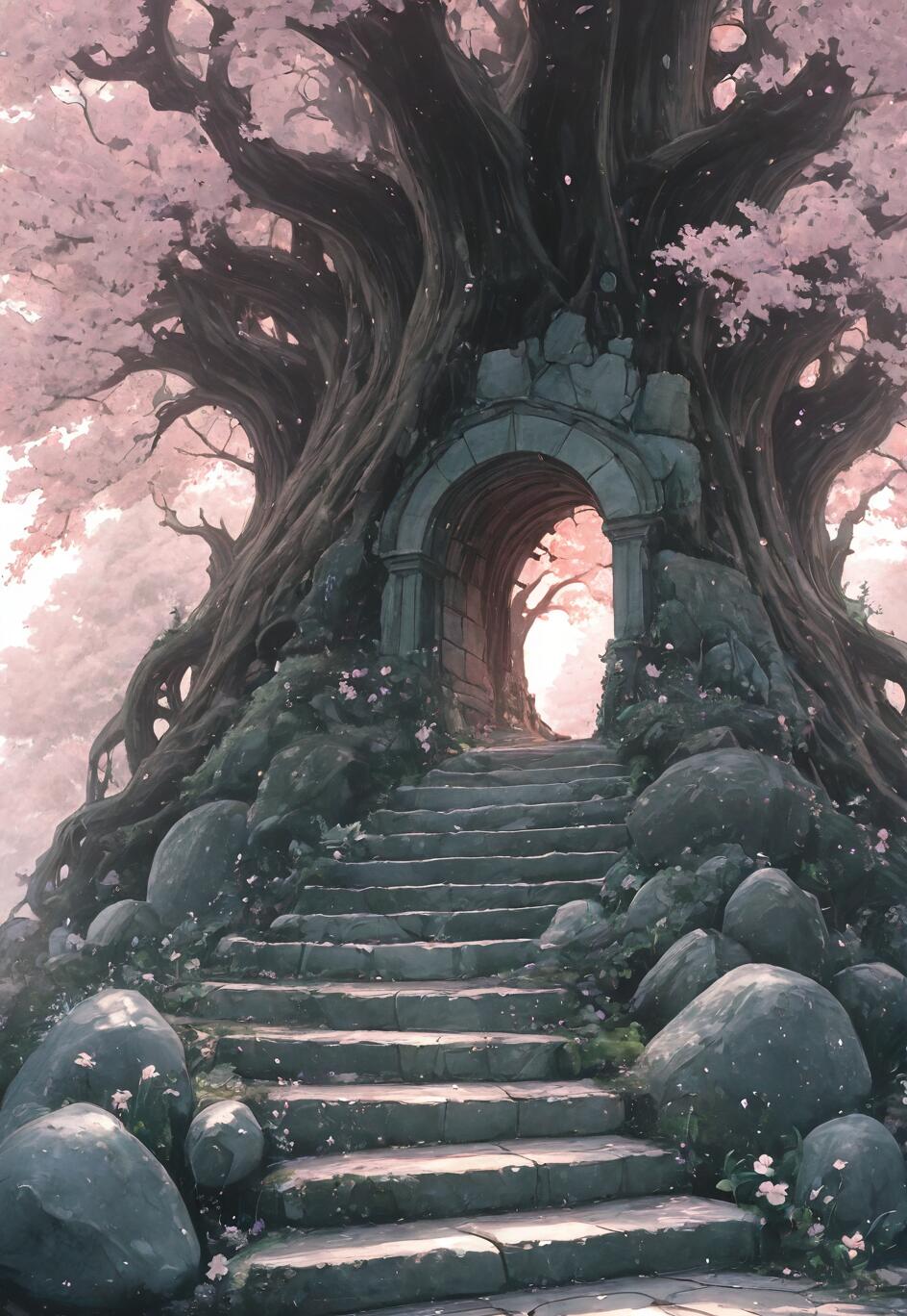 A winding stone staircase leads up to a stone archway built into the base of a massive, ancient tree with pink cherry blossoms, set in a mystical forest.