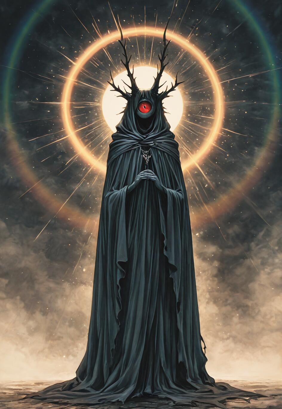 A tall, mysterious figure in a dark, hooded cloak with large antlers stands before a glowing celestial halo. The figure has a single, large red eye and is holding its hands together.