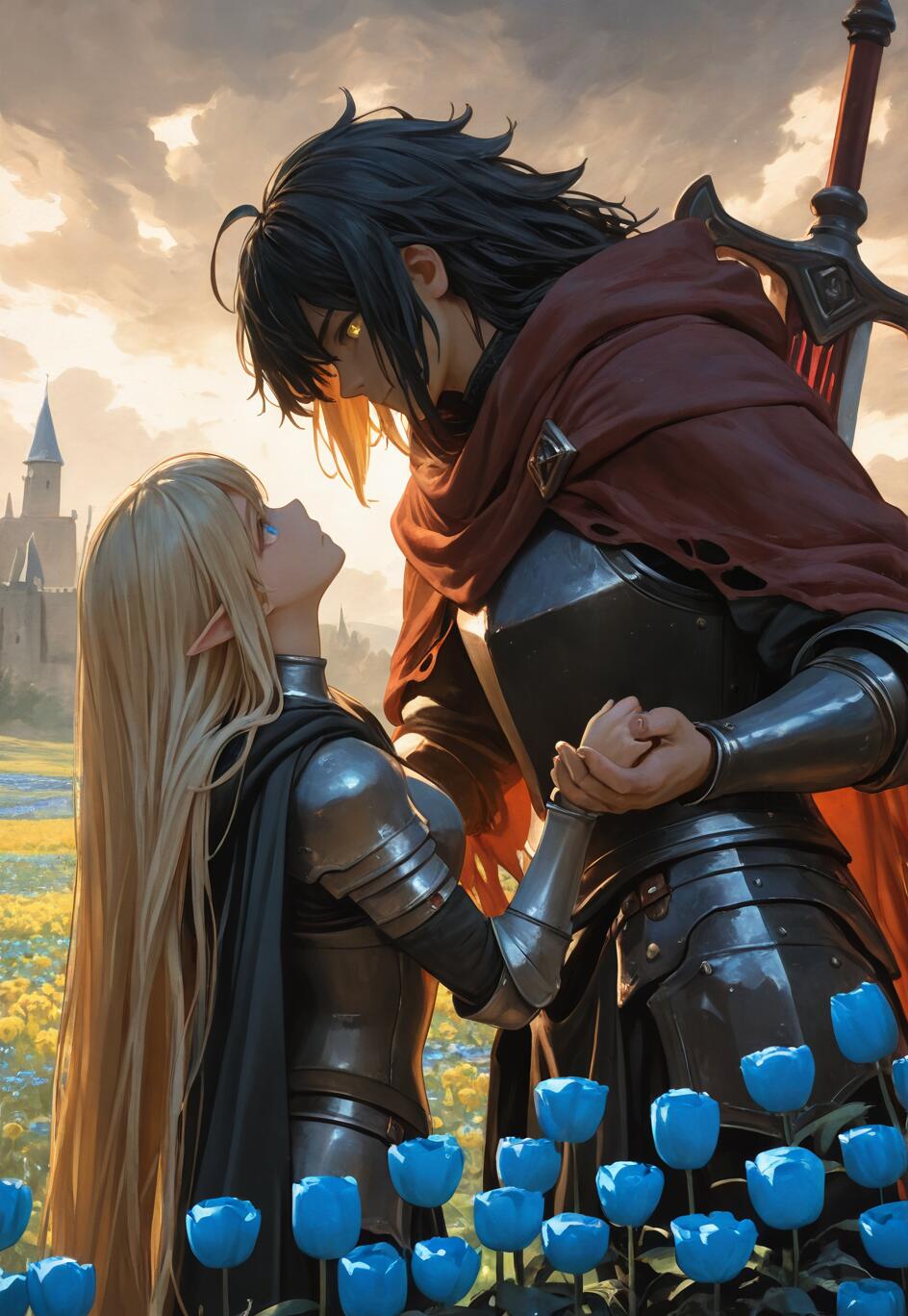 A fantasy illustration of a tall, black-haired male knight in dark armor holding hands with a blonde elven woman in silver armor. They stand in a field of blue tulips, looking at each other, with a castle in the background under a sunset sky.