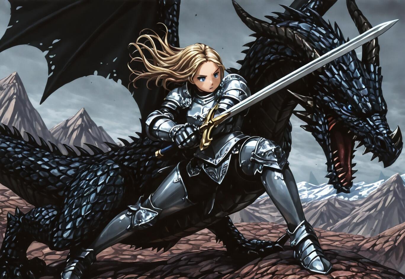 An anime-style illustration of a young blonde female knight in full silver armor holding a sword, standing next to a large, fierce black dragon in a mountainous region.