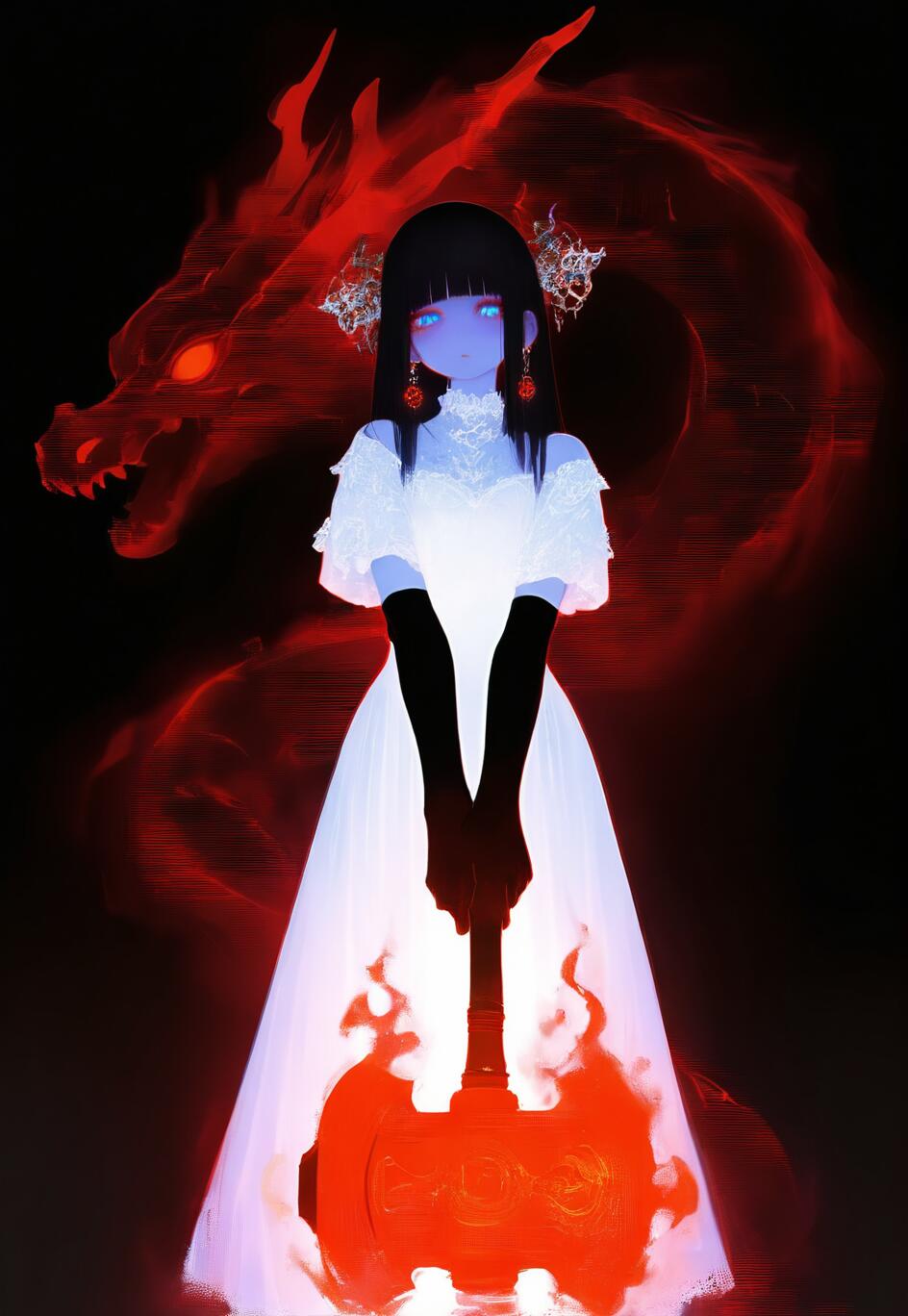 A full-length illustration of a blue-skinned anime girl in a white dress and black gloves, holding a large, glowing red hammer. Behind her, a spectral red dragon looms against a black background.