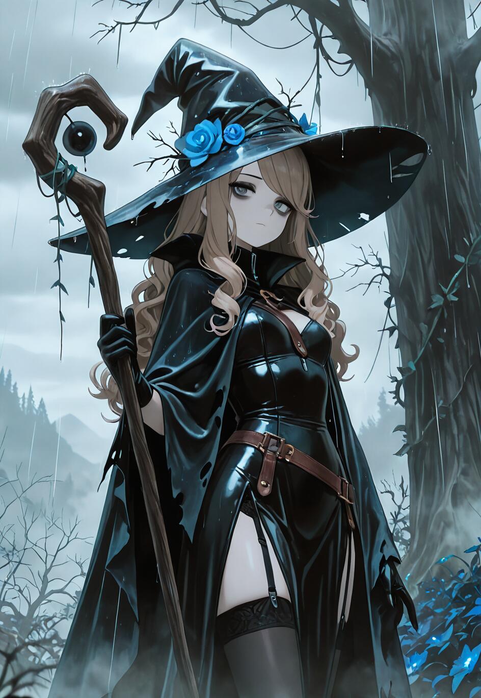 A full-body illustration of a young anime witch with long blonde hair and grey eyes. She wears a black witch hat with blue roses, a form-fitting black dress, and a cloak, while holding a wooden staff in a dark, rainy forest.