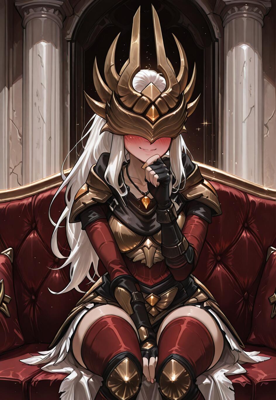 An anime-style goddess with long white hair and a golden crown covering her eyes sits on a red couch, blushing and smiling coyly while wearing ornate red and gold armor.