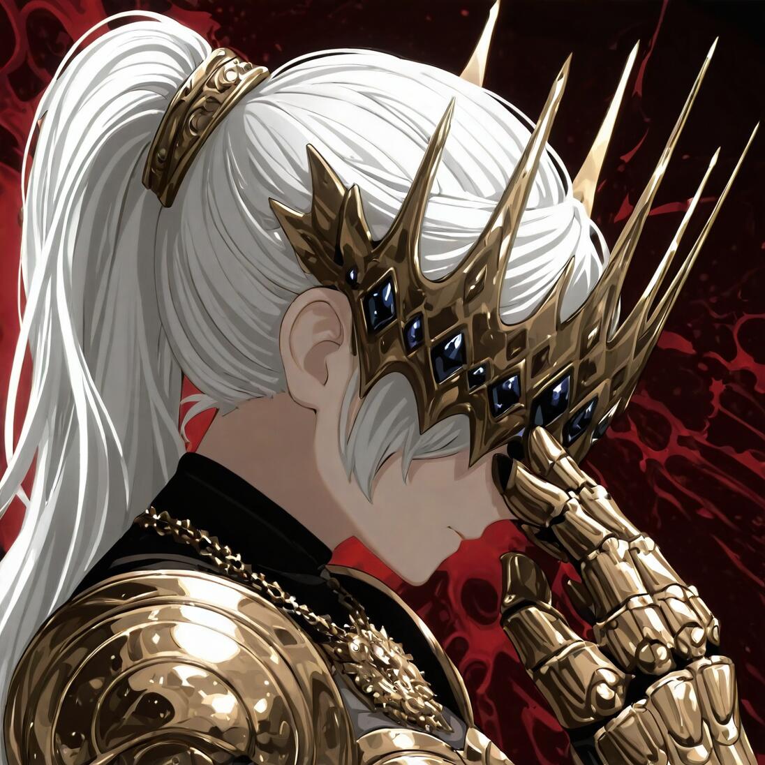 A side-profile illustration of Justicar Syndra from League of Legends. She has long white hair in a ponytail and wears ornate golden armor and a spiky crown with blue gems. Her armored hand is raised to her face in a sorrowful or thoughtful pose.