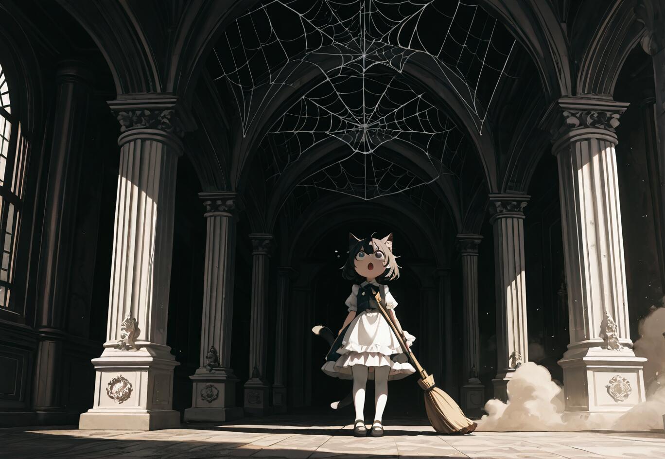 An anime catgirl in a maid outfit stands in the middle of a vast, dark, and dusty gothic hall, holding a broom and looking up in surprise at a giant spiderweb on the ceiling.
