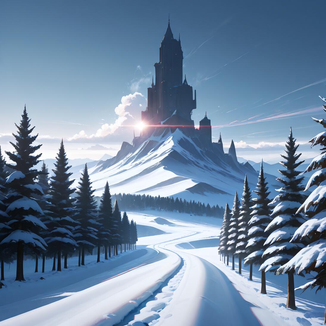 A winding snow-covered road leads through a forest of pine trees towards a massive, dark fantasy castle built on a snowy mountain peak, with the sun flaring from behind it.