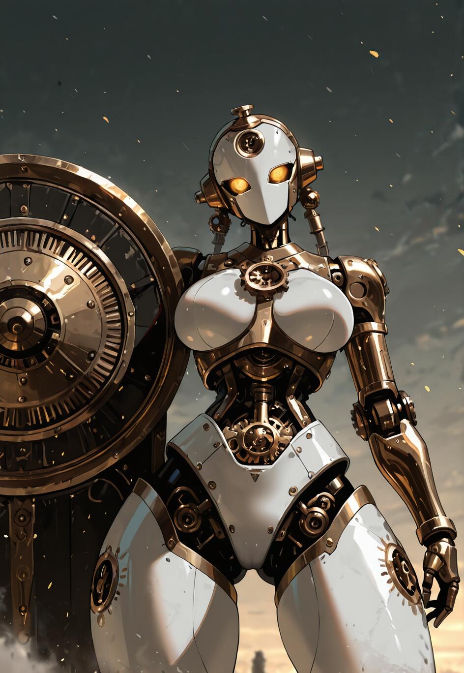 A full-body illustration of a female steampunk robot. She has white and gold armor, glowing yellow eyes, and a powerful, curvaceous build. She stands in a protective pose, holding a large, round, ornate golden shield.