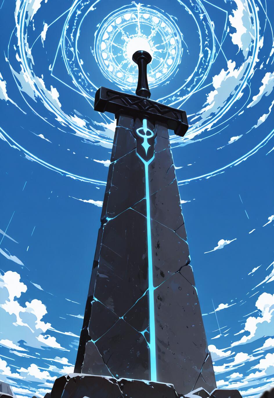 A low-angle view of a giant, dark stone sword plunged into the ground. A glowing cyan line runs down its center, and a large, intricate blue magic circle glows in the sky above its hilt, surrounded by white clouds.