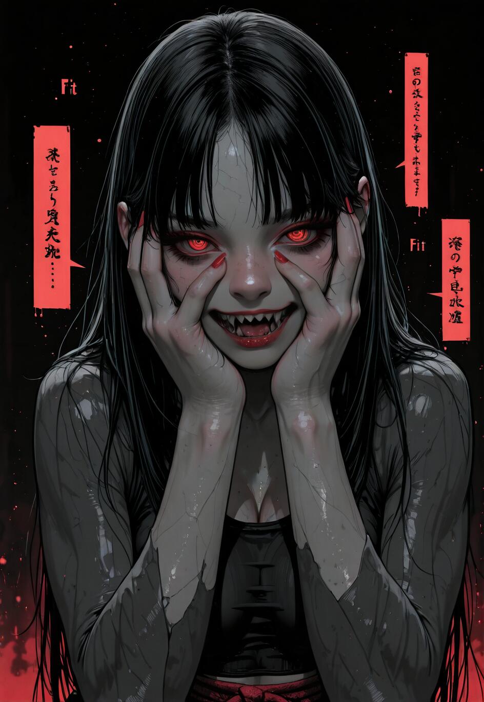 A close-up illustration of a horror-themed woman with long black hair and glowing red eyes. She has her hands on her cheeks, forcing a wide, menacing smile that shows off her sharp fanged teeth. Her skin is pale and cracked, and she wears dark Japanese-style clothing against a black background.
