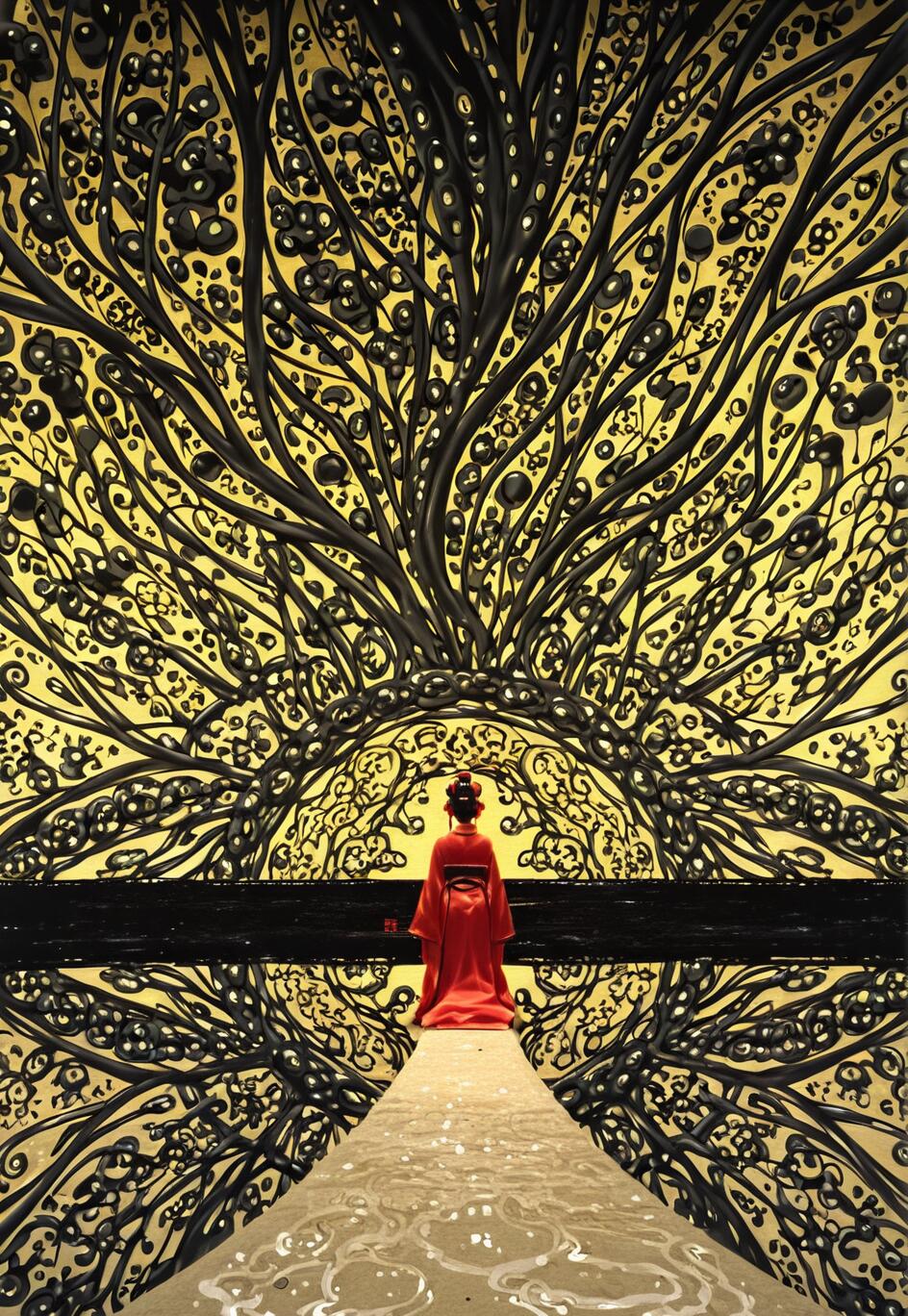 A woman in a vibrant red Japanese kimono stands from behind on a stone path, facing a massive, symmetrical abstract artwork with a golden background and intricate, raised black patterns resembling a giant tree and its reflection.