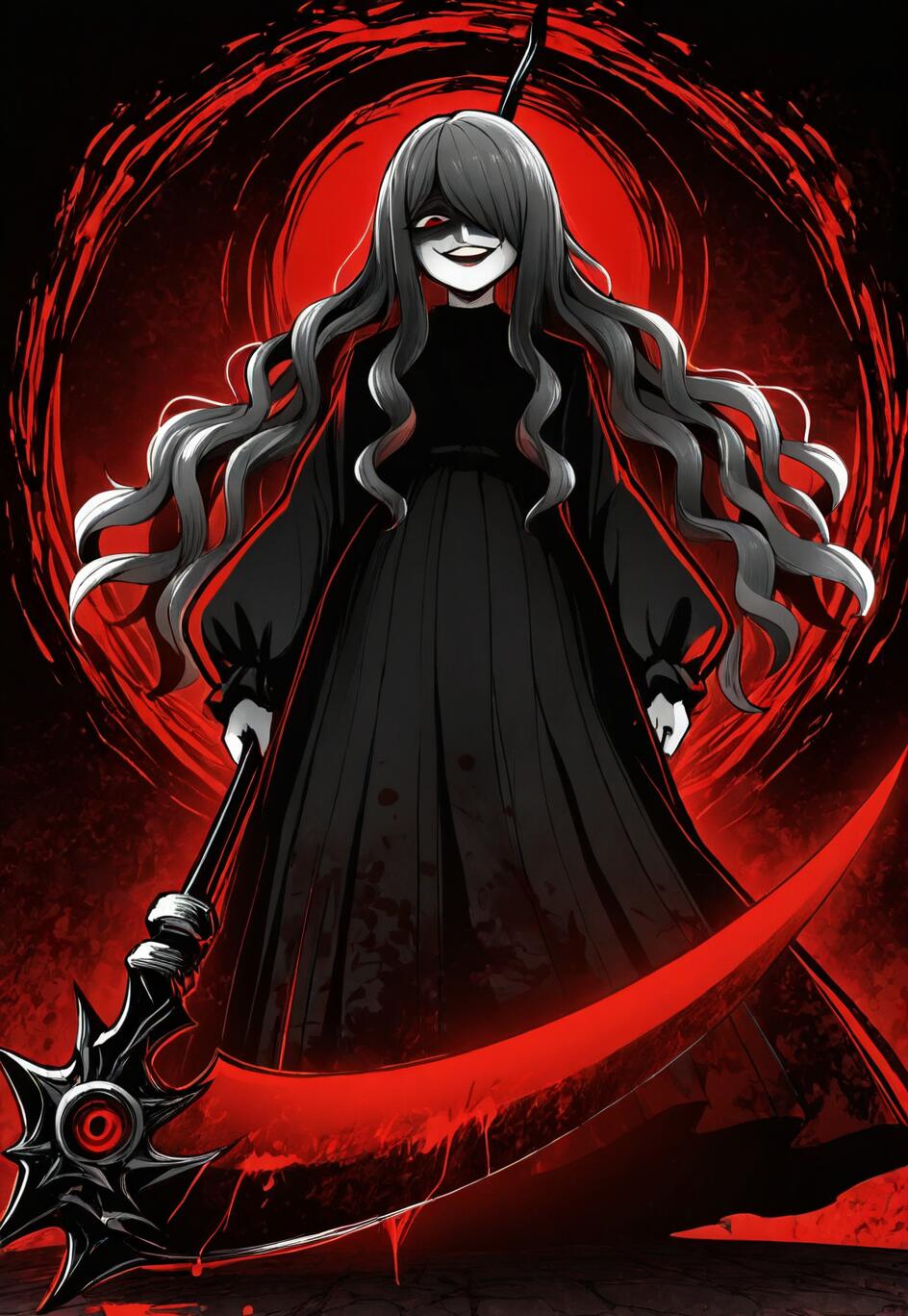 A full-body illustration of a menacing anime-style woman in a black dress, holding a large red scythe and smiling sinisterly against a red and black background.