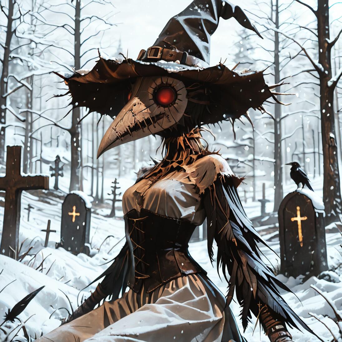 A female character resembling Eileen the Crow, with a plague doctor mask and a witch hat, kneels in a snowy graveyard. She is dressed in a white gown and black corset, with arms adorned with black feathers.
