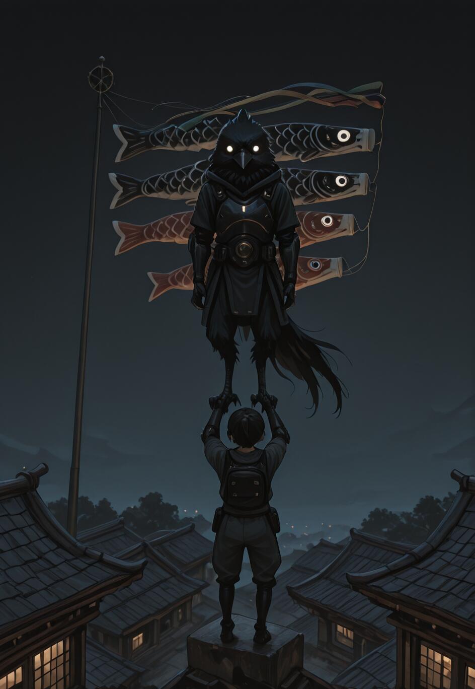 A young boy on a Japanese-style rooftop at night, holding up an armored, anthropomorphic crow with glowing eyes. Koinobori carp streamers fly on a pole in the background.