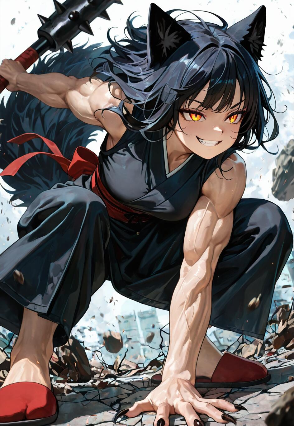 A muscular anime-style girl with black hair, wolf ears, and a fluffy tail in a dynamic squatting pose on cracked ground. She grins fiercely, showing sharp teeth, and holds a large spiked club over her shoulder. Her eyes are a glowing yellow, and she wears a black sleeveless outfit with a red sash.