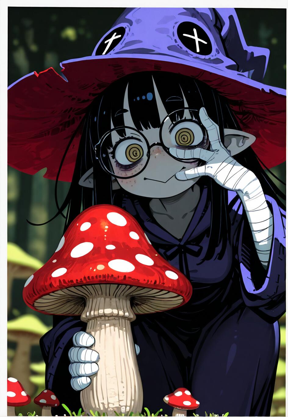 An anime-style illustration of a young witch with pointy ears, black hair, and large glasses with spiral-patterned eyes. She wears a purple witch hat and is holding a large red and white mushroom in a forest.