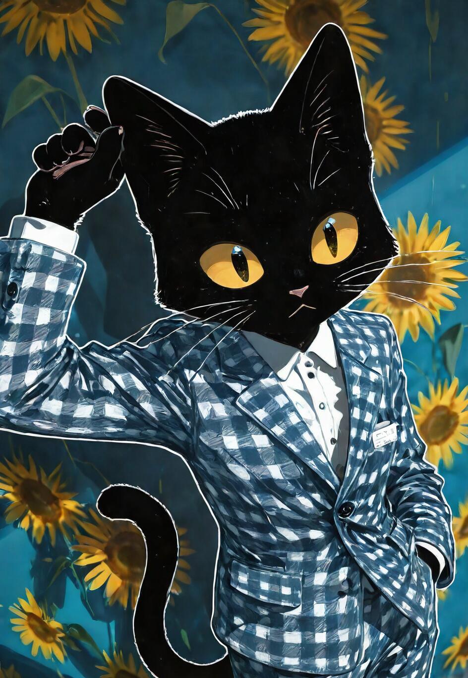 An illustration of a stylish black cat with big yellow eyes wearing a blue and white plaid suit, posing thoughtfully in front of a background of sunflowers.