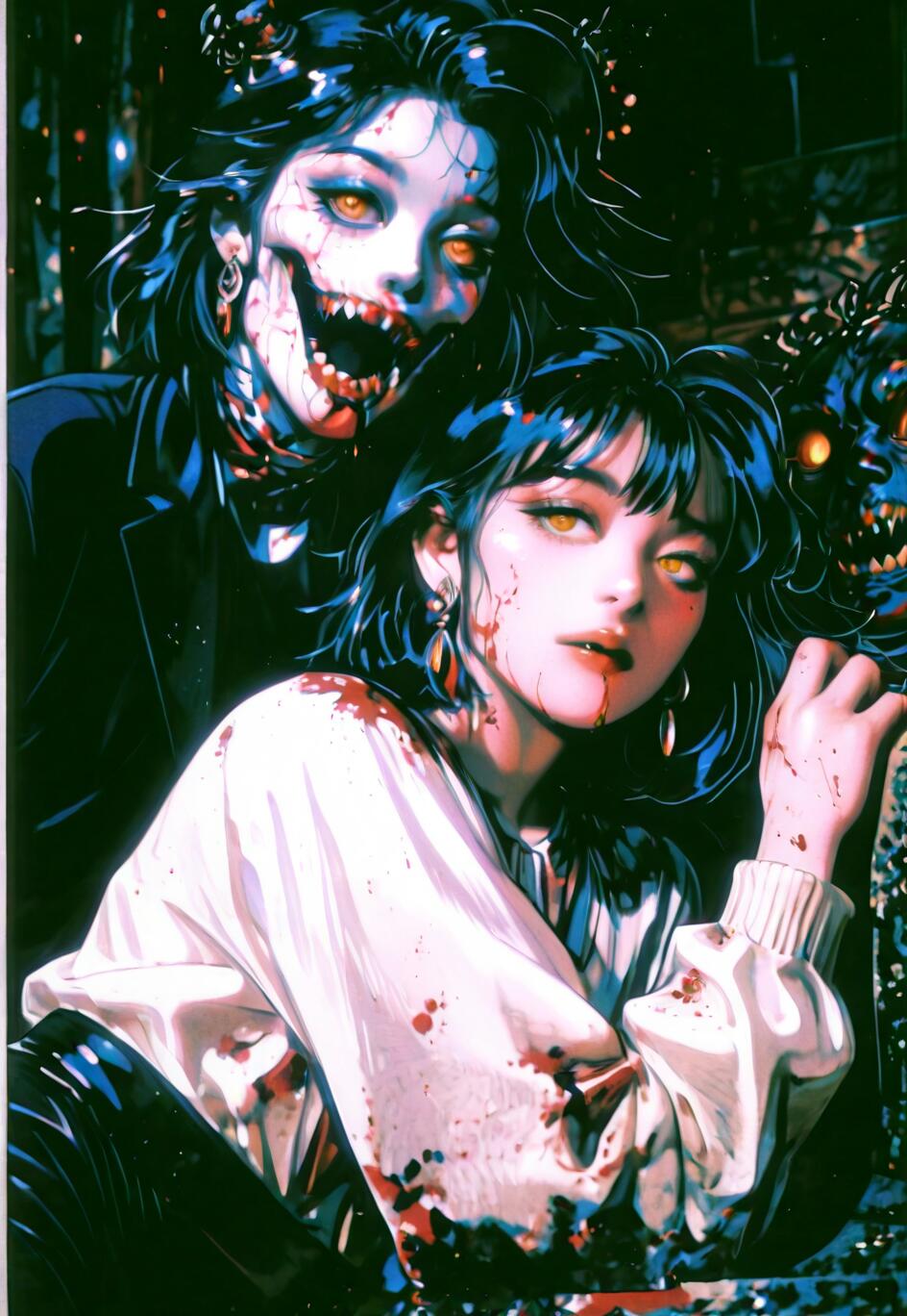 An anime-style horror illustration of a woman with dark hair and yellow eyes, covered in blood. Behind her looms her monstrous, fanged alter-ego with glowing eyes in a dark, eerie setting.
