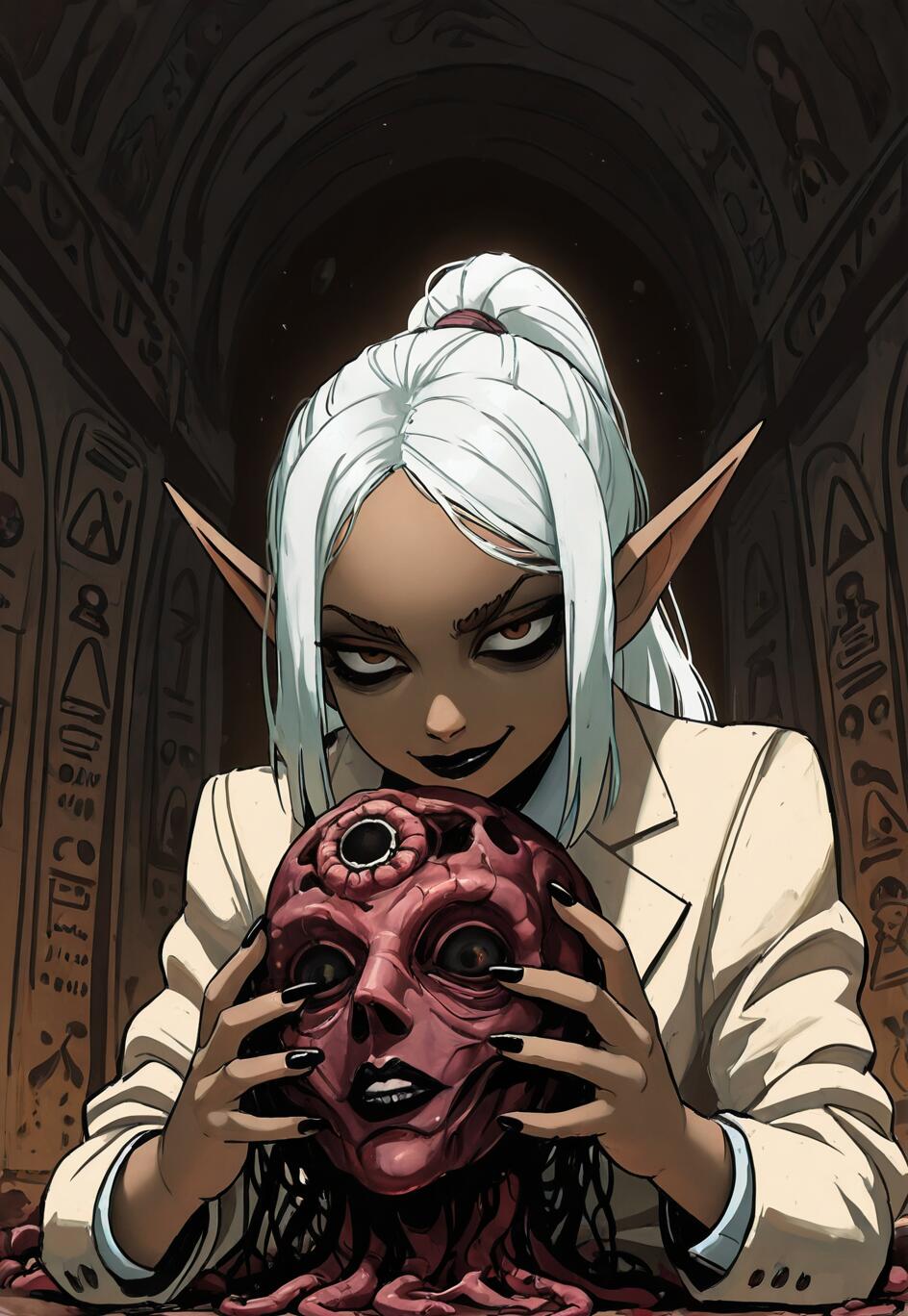 A sinister-looking elf woman with white hair and a white suit holds a grotesque, red, three-eyed disembodied head inside a dark, ancient tomb with hieroglyphics on the walls.