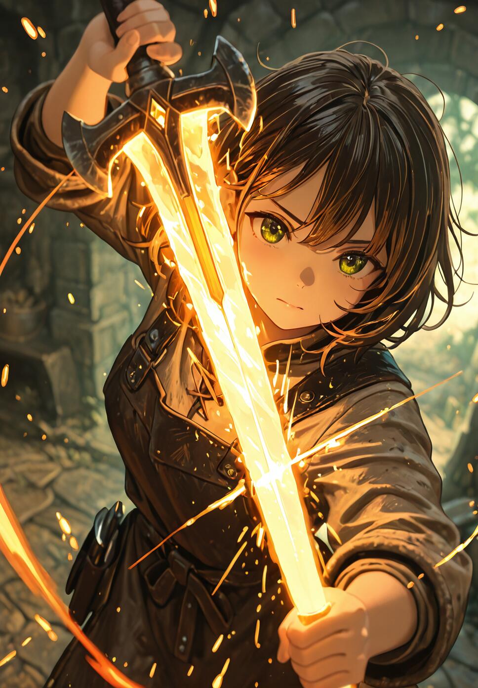 An anime-style illustration of a young woman with short brown hair and green eyes holding a large, glowing golden sword in a stone workshop.