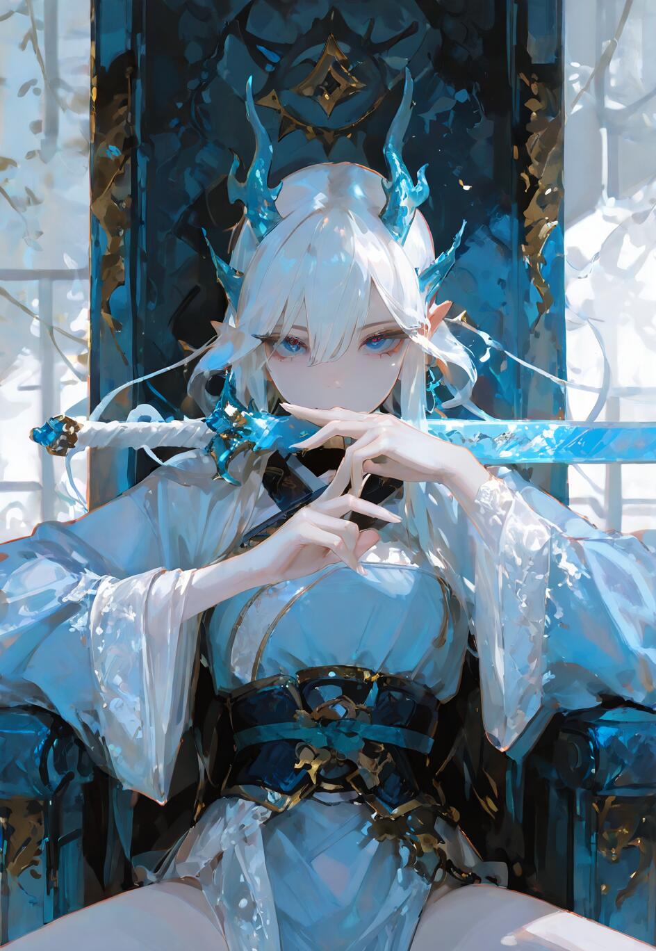 A white-haired anime woman with blue dragon horns and blue eyes sitting on a dark throne. She wears a light blue and white outfit and holds a translucent blue sword across her shoulders.