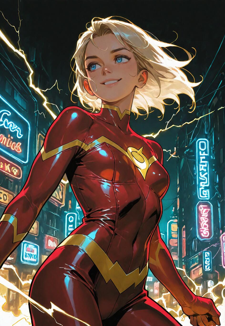 A young female superhero with short blonde hair and blue eyes, smiling in a shiny red and yellow suit against a dark city backdrop filled with neon lights and yellow lightning.