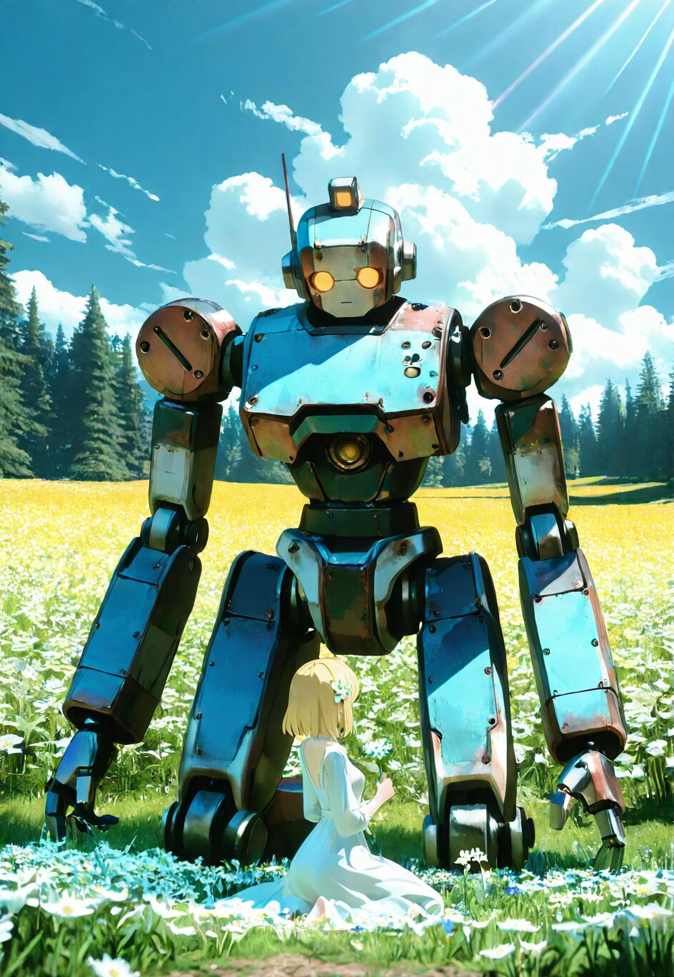 An anime-style illustration of a young blonde girl in a white dress kneeling in a field of flowers, looking up at a giant, rusty robot under a bright, sunny sky.