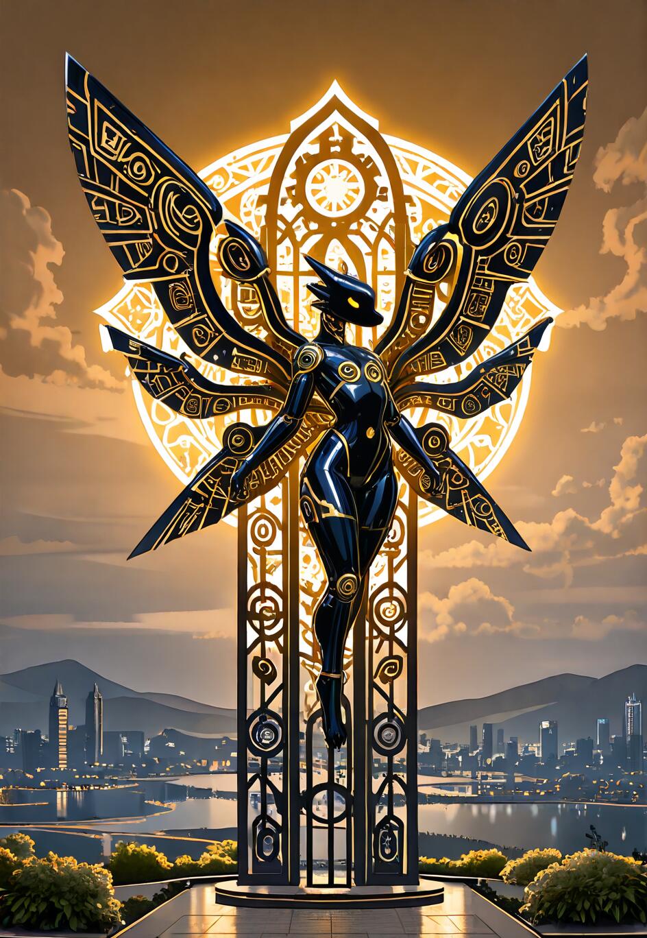 A tall, black and gold statue of a winged, robotic figure with an animal-like head, set against a glowing golden halo and overlooking a futuristic city skyline at dusk.