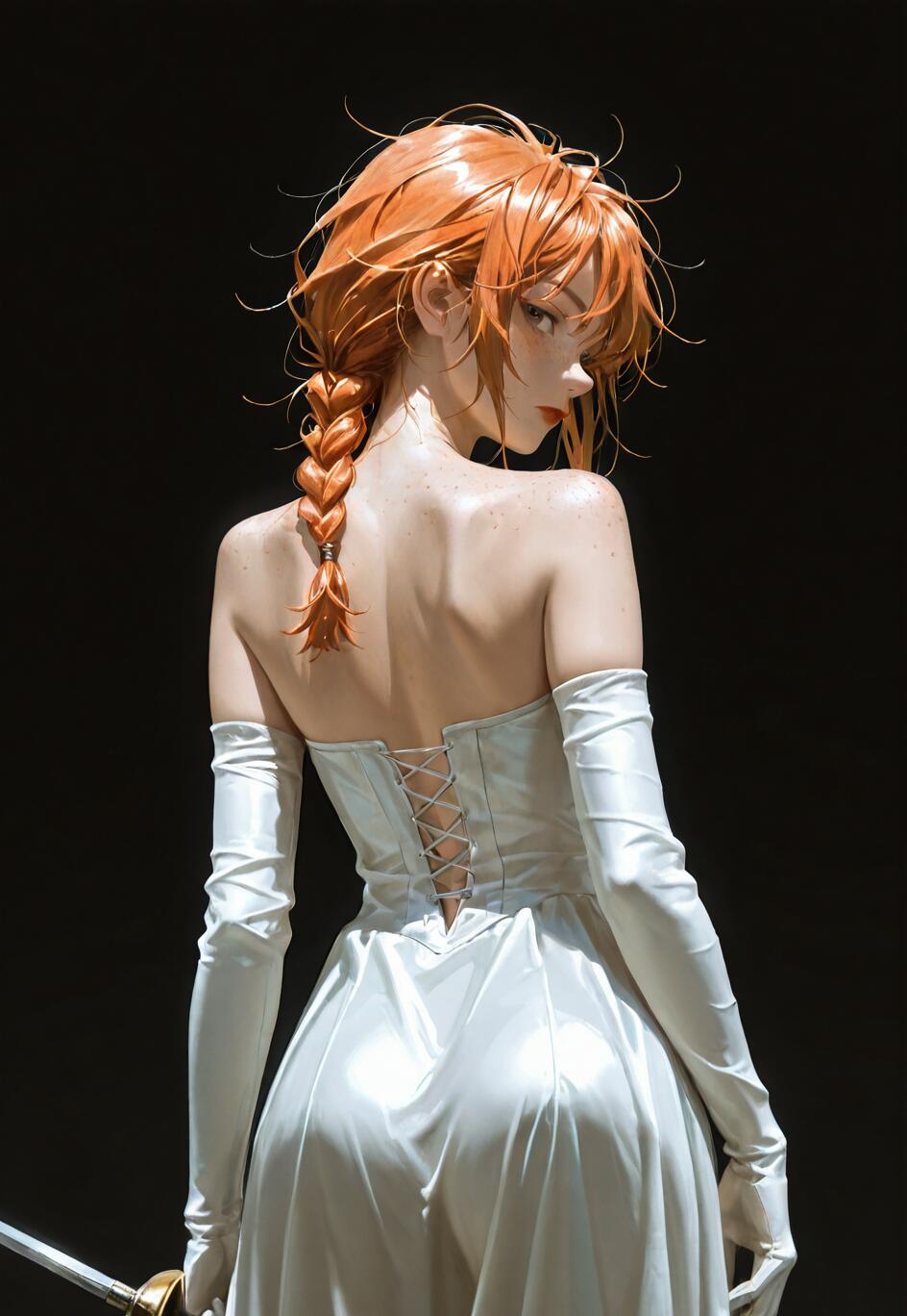 A digital illustration of a young woman with messy braided ginger hair and freckles, shown from behind. She is wearing a white strapless corset dress and long white gloves, holding a sword and looking back over her shoulder against a dark background.