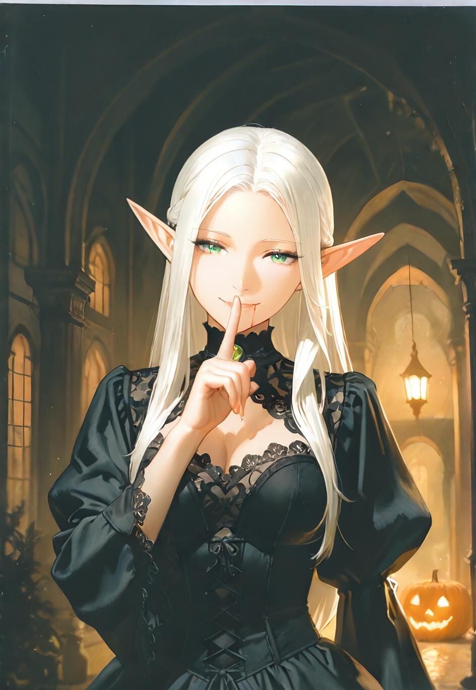 A beautiful elf with long white hair and pointed ears, wearing a black gothic dress, holds a finger to her blood-stained lips in a shushing gesture. She is standing inside a dark castle hall with a glowing jack-o'-lantern in the background.