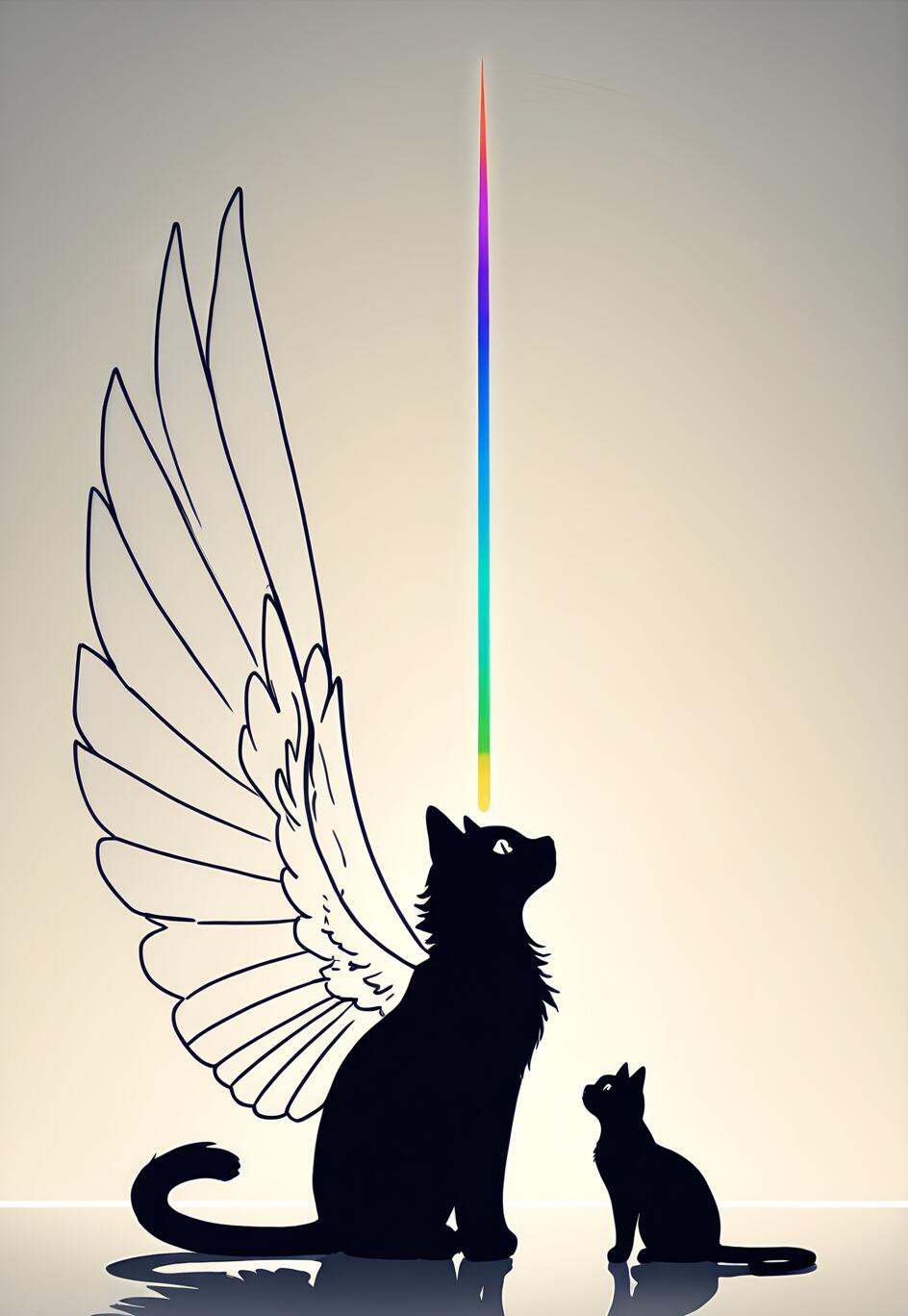 A black cat silhouette with large, white, feathery wings and a thin rainbow-colored beam projecting upwards from its head, sitting next to a smaller black kitten that is looking up at it.