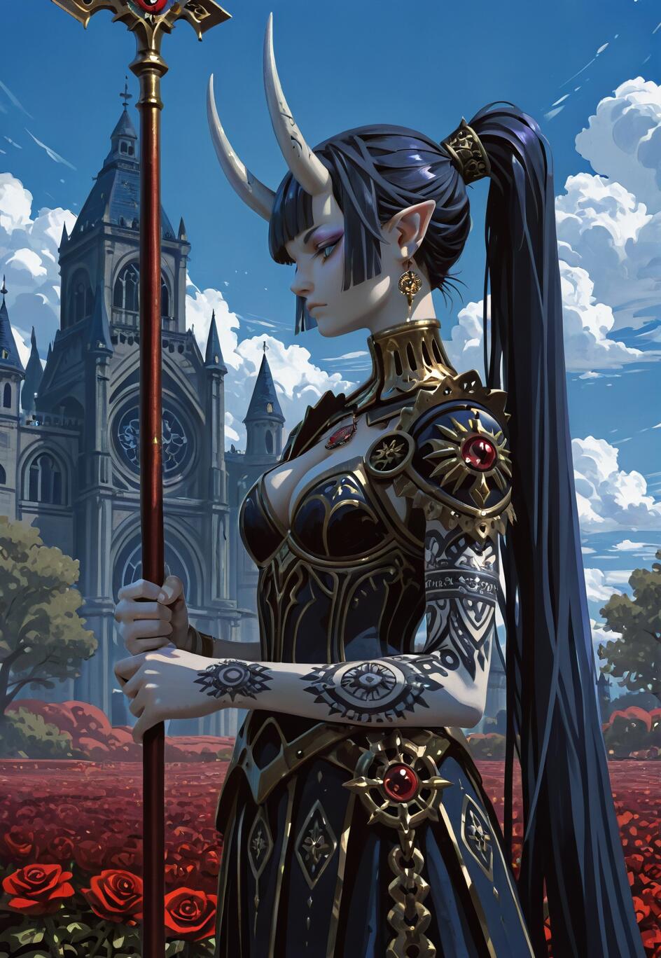 An illustration of a woman with white horns and elf ears, wearing ornate black and gold armor. She is holding a spear and standing in a field of red roses in front of a large gothic castle.