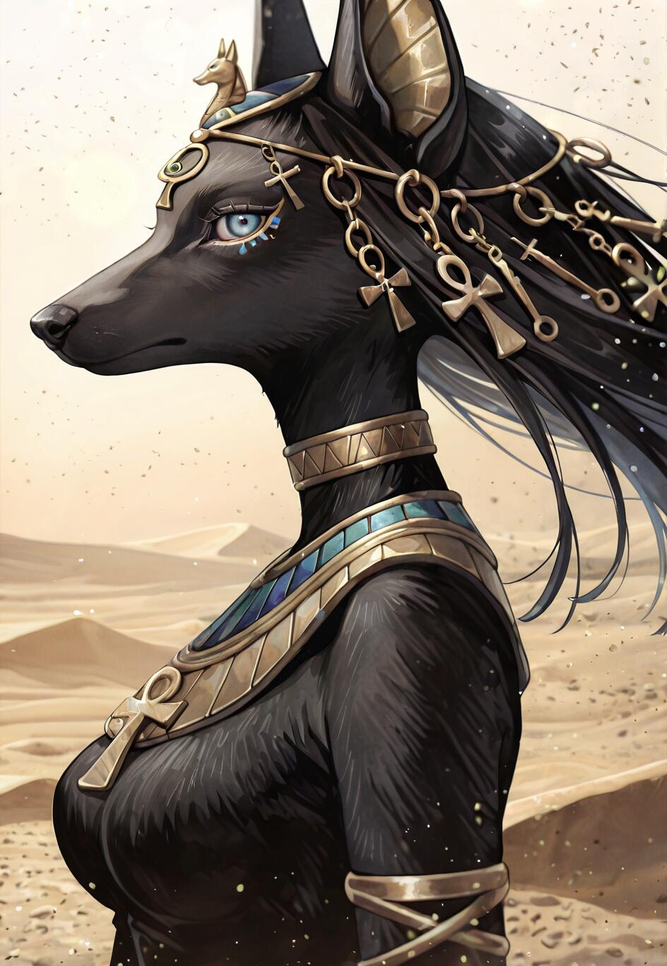 A side-profile illustration of a female anthropomorphic jackal goddess with black fur and blue eyes, wearing ornate ancient Egyptian jewelry in a desert.