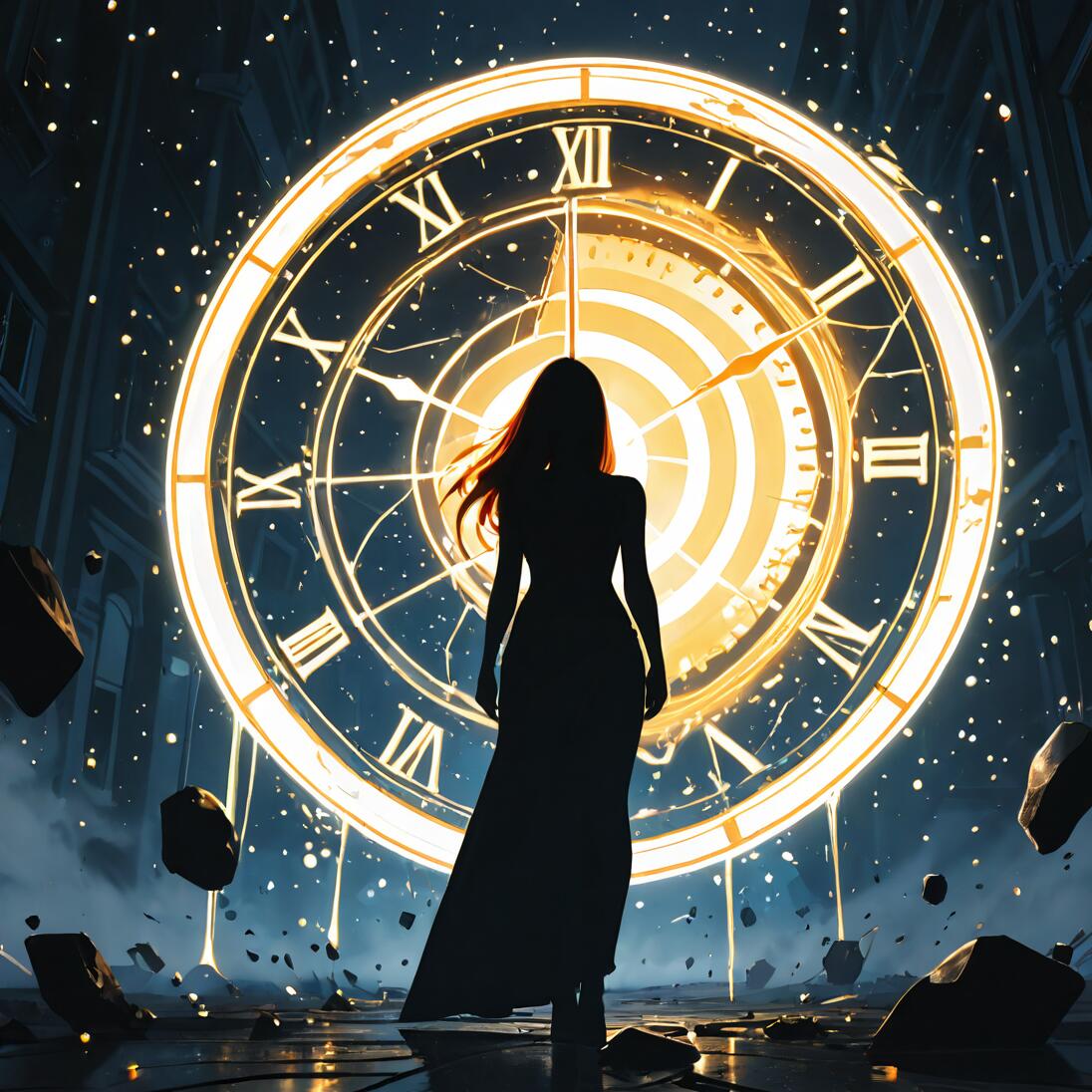 A silhouette of a woman in a long dress stands before a giant, glowing golden clock that is cracked and shattering. Floating rocks and glowing particles surround them in a dark, surreal environment.