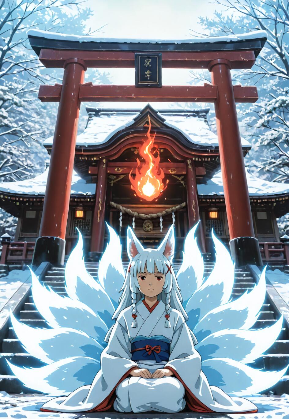 A young anime-style girl with white fox ears and nine white tails, dressed in a white kimono, kneels in the snow in front of a large red torii gate and a traditional Japanese shrine in a winter forest.