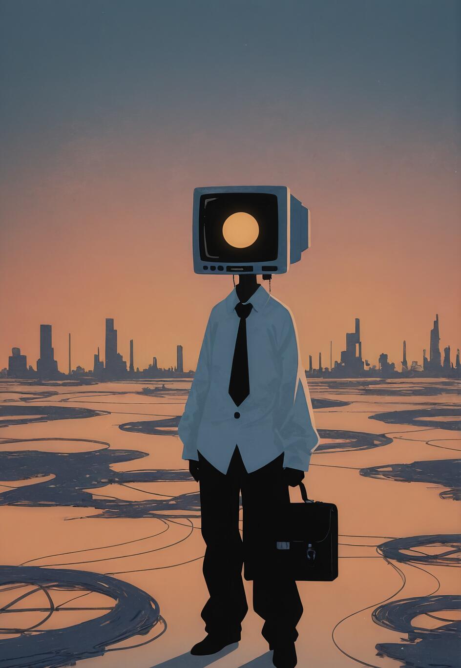 A surreal illustration of a person with an old computer monitor for a head, dressed in a white shirt and black tie, holding a briefcase while standing in a vast landscape with a city skyline in the distance at sunset.