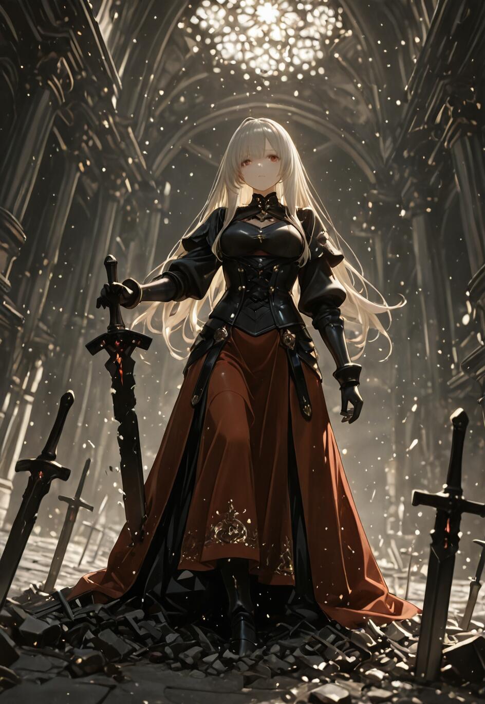 An anime-style female warrior with long white hair and red eyes stands in a destroyed gothic cathedral. She wears black armor and a red skirt, holding a large sword point-down amidst rubble and broken swords.