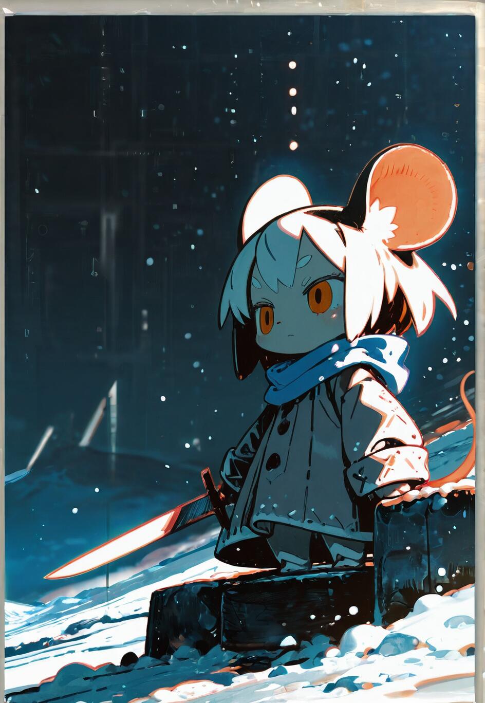 An anime-style illustration of a small mouse girl with white hair, orange eyes, and a blue scarf, holding a glowing sword in a dark, snowy environment at night.