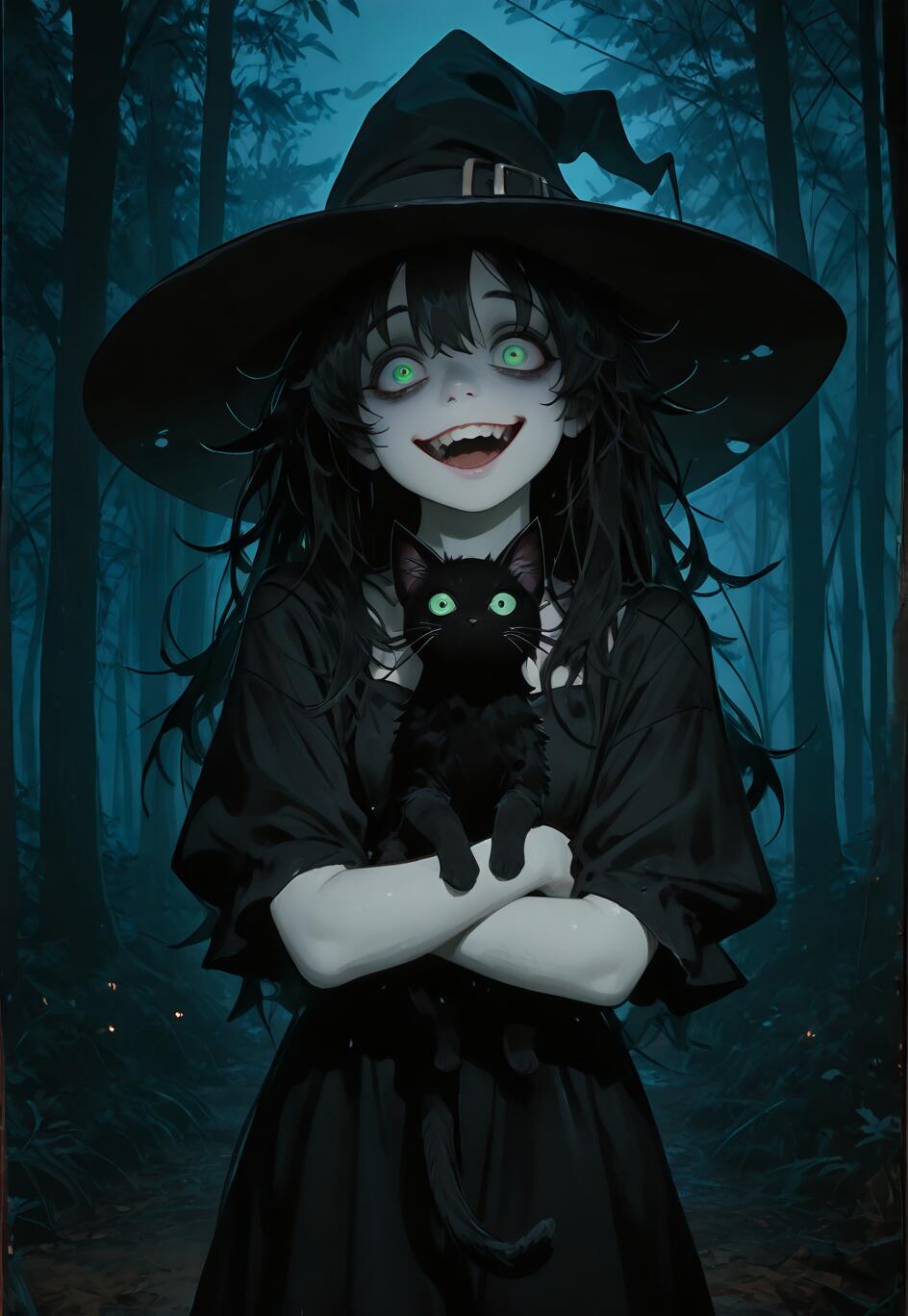 A pale-skinned witch with messy black hair, a large pointed hat, and glowing green eyes holds a black cat in a dark forest, smiling maniacally at the viewer.