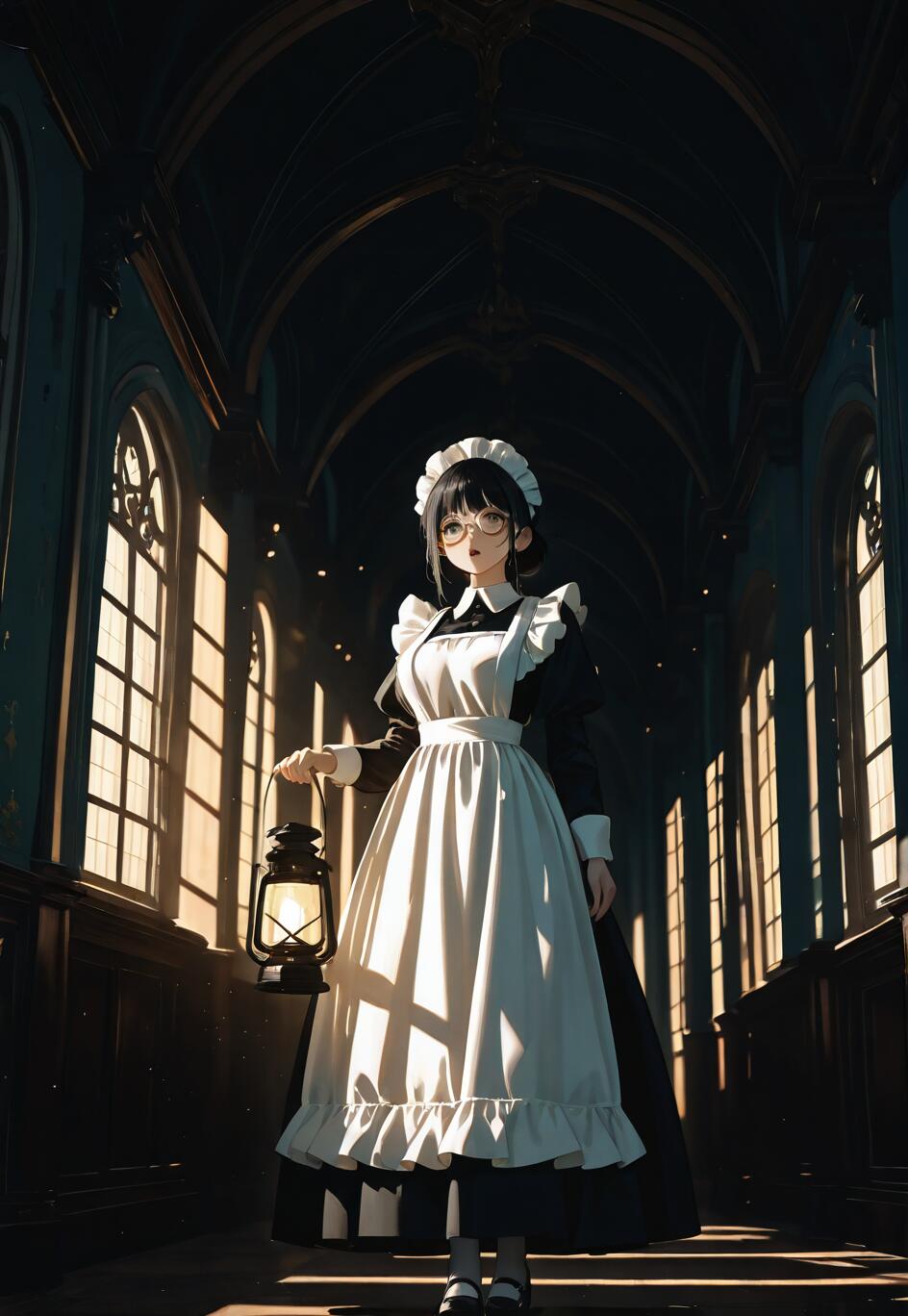An anime-style illustration of a maid with black hair and glasses, holding a lantern while standing in a long, dark, gothic-style hallway with light streaming through arched windows.