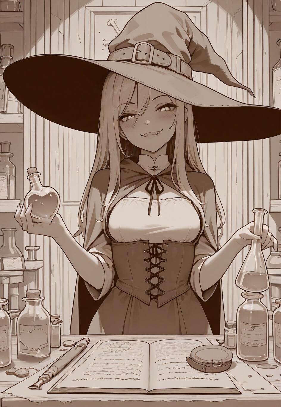 A sepia-toned illustration of an anime-style witch with long blonde hair and a large hat, smiling mischievously as she holds a heart-shaped love potion in her laboratory.