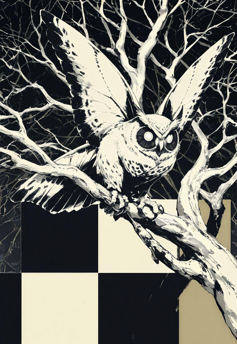 A high-contrast, black and white illustration of an owl with large moth-like wings perched on a bare tree branch against a dark sky and a checkerboard background.