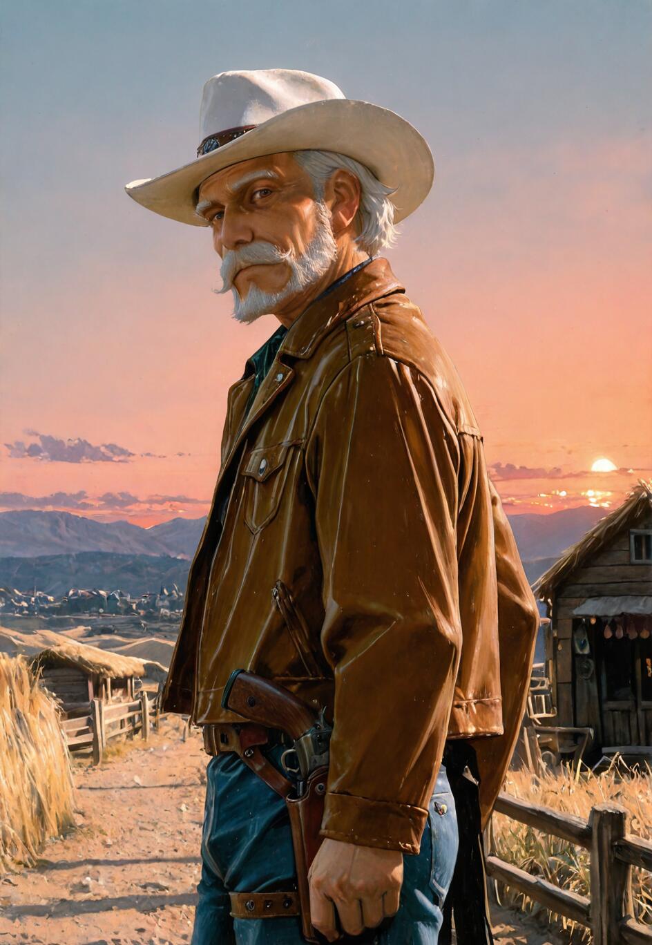 A detailed illustration of an elderly cowboy with white hair and a large mustache, wearing a white hat and brown leather jacket, looking back over his shoulder at sunset in a Western town.