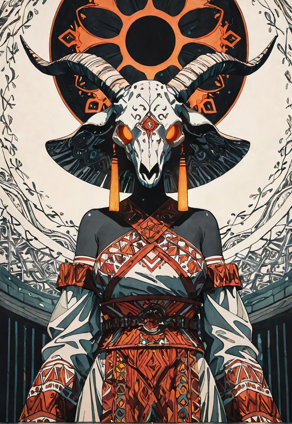 A fantasy illustration of a woman with dark skin wearing an elaborate goat skull mask with glowing orange eyes and large horns. She is dressed in intricate orange and white traditional-style clothing, standing before a large orange and black circular symbol.