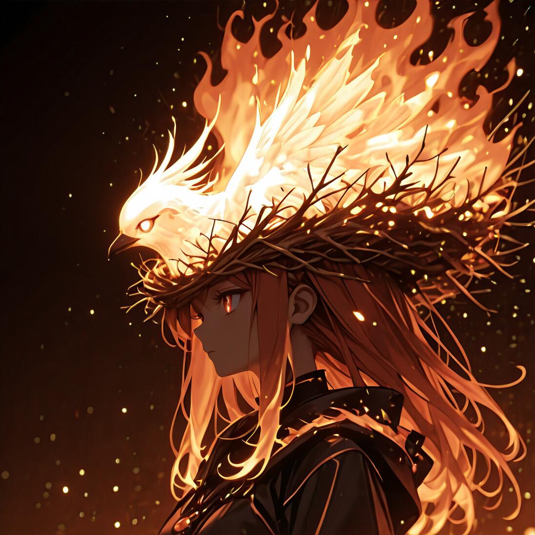 An anime girl with long orange hair in profile, wearing a crown of thorns from which a brilliant phoenix made of fire and light emerges against a dark, ember-filled background.