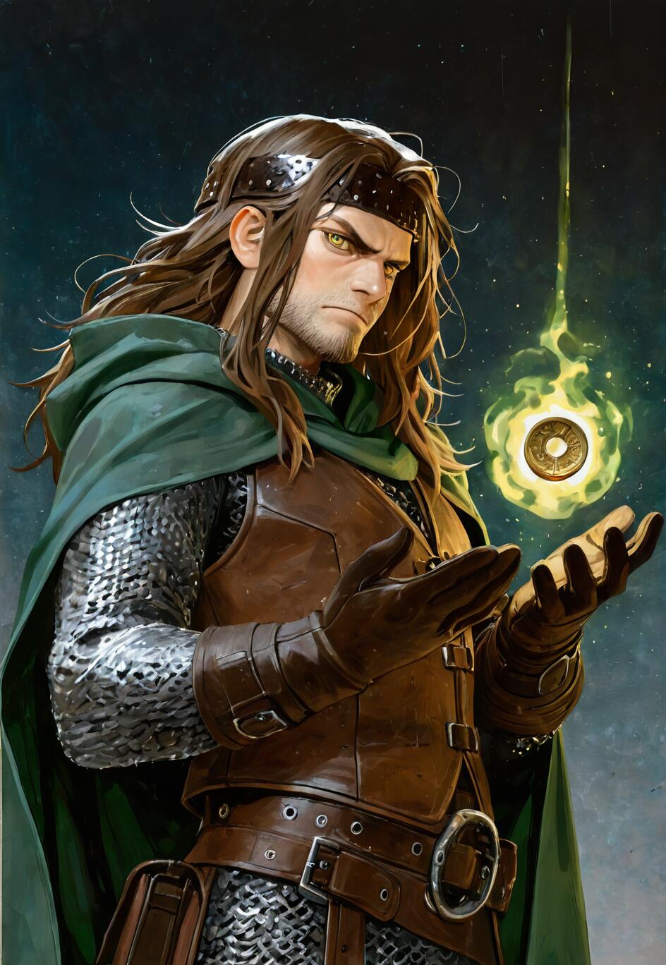 A digital painting of a male fantasy ranger with long brown hair, a green cloak, and chainmail armor. He is levitating a single, glowing golden coin between his hands with a look of intense concentration.