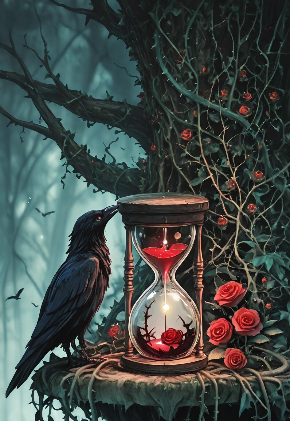 A digital painting of a black raven with glowing red eyes perched next to a vintage hourglass in a dark, misty forest. The hourglass contains a red liquid and a glowing red rose inside, and is surrounded by thorny vines and more red roses.