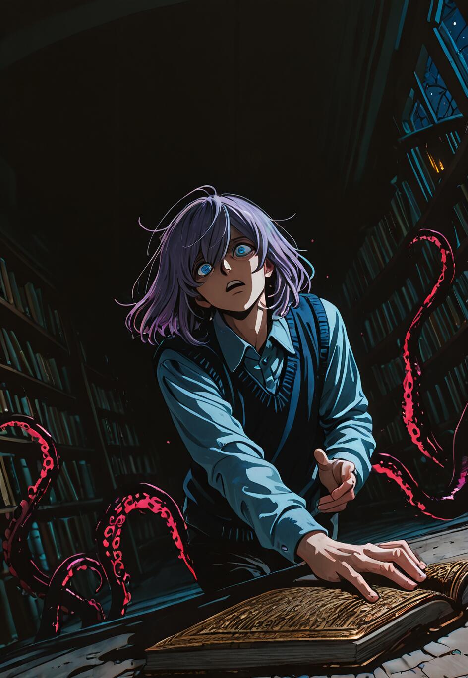 An anime-style illustration of a young man with lavender hair in a dark library, looking up in terror as red and black tentacles emerge from the shadows behind him. He has one hand on a large, open, ancient book on a table.