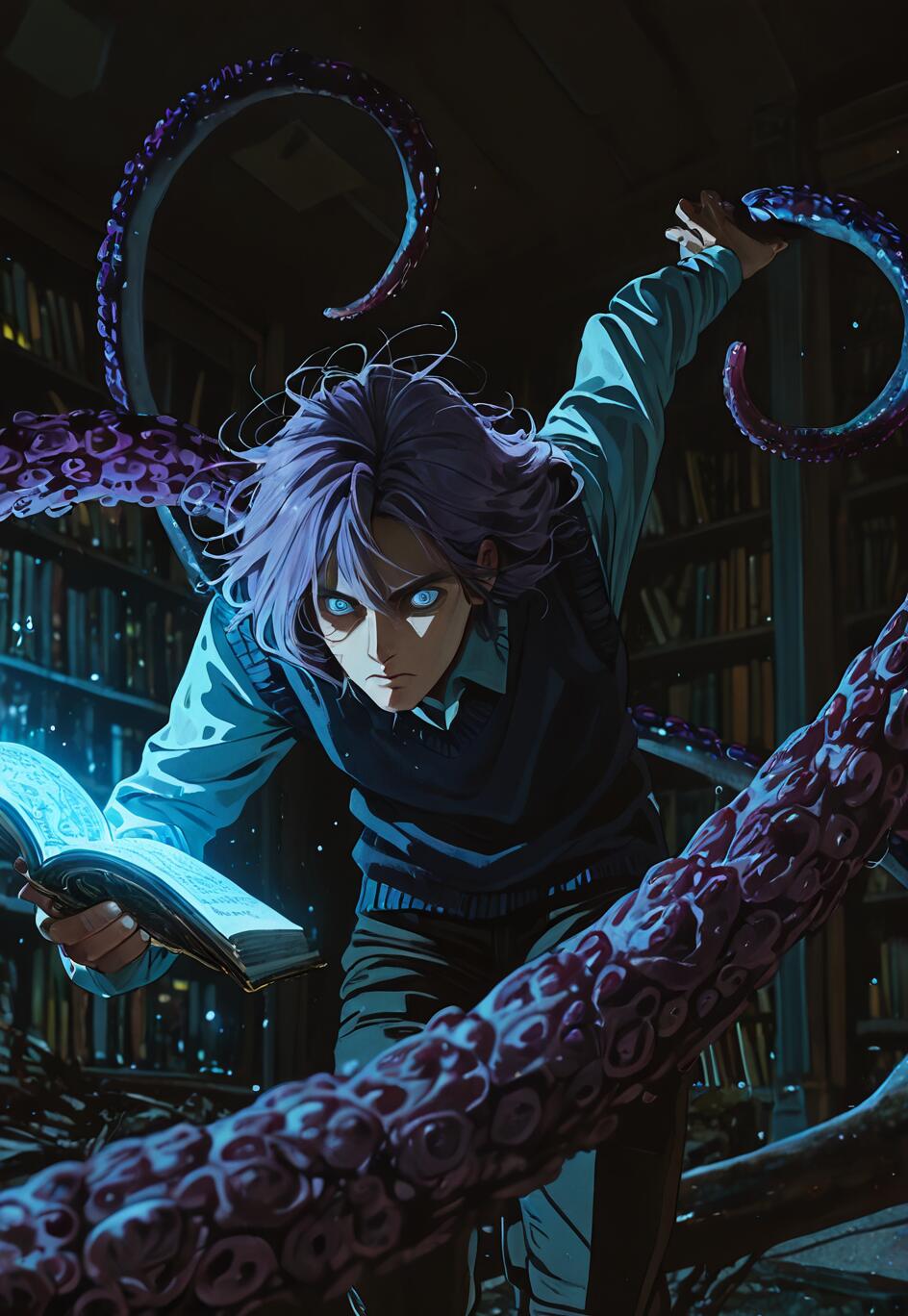 An anime-style illustration of a young man with purple hair and glowing blue eyes in a dark library, holding a glowing book while being attacked by large purple tentacles.