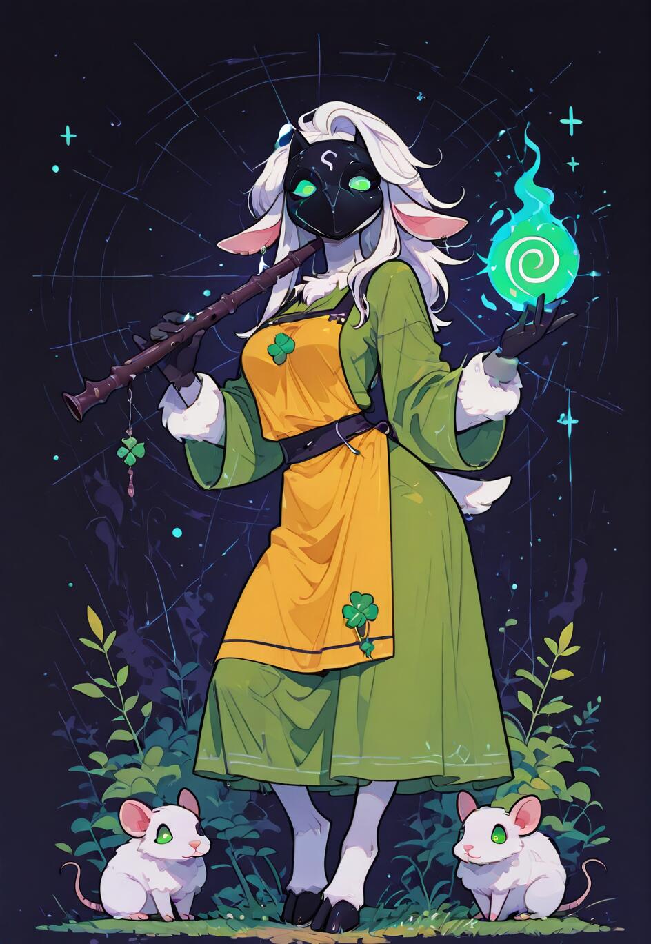A full-body illustration of an anthropomorphic lamb character inspired by Kindred from League of Legends. She wears a black mask, a green robe, and a yellow apron with shamrocks. She is playing a flute and holding a ball of green magic, with two white mice at her hooved feet.
